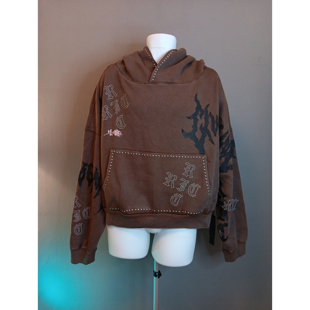 Civilregime‎ Hoodie Brown Studded Graphic Print Pullover Fleece  Women L Unisex